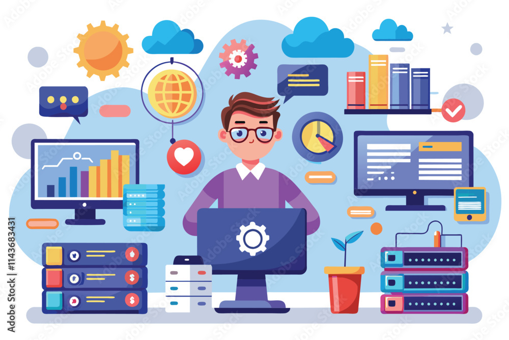 Poster a technician manages server maintenance and database tasks while analyzing data, providing server ma