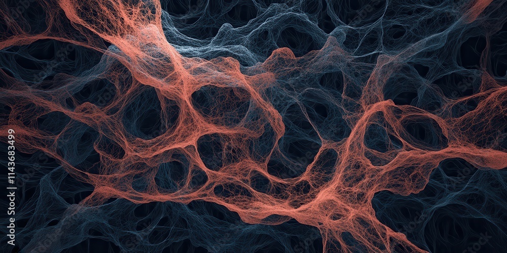 Poster An abstract image showcasing a web of interconnected fibers in dark and light tones, resembling a complex network or organic structure.
