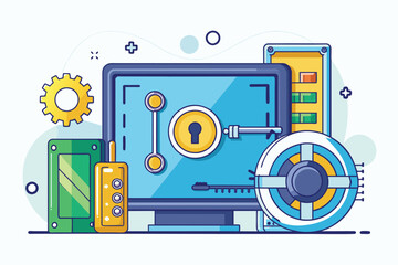Obraz premium A computer displays a locked icon with storage components, emphasizing data security and protection measures Protecting important computer data with a simple illustration.