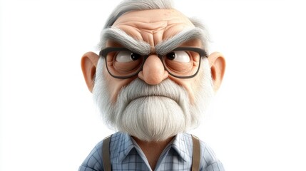 Grumpy Old Man 3D Render, Angry Expression, White Background, Close-Up