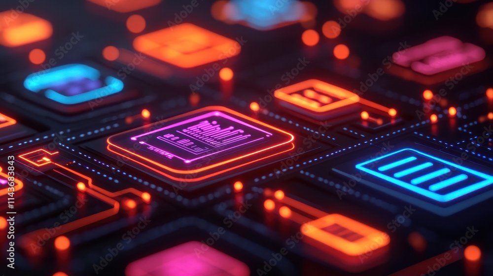 Poster abstract digital technology with neon lights and circuit patterns