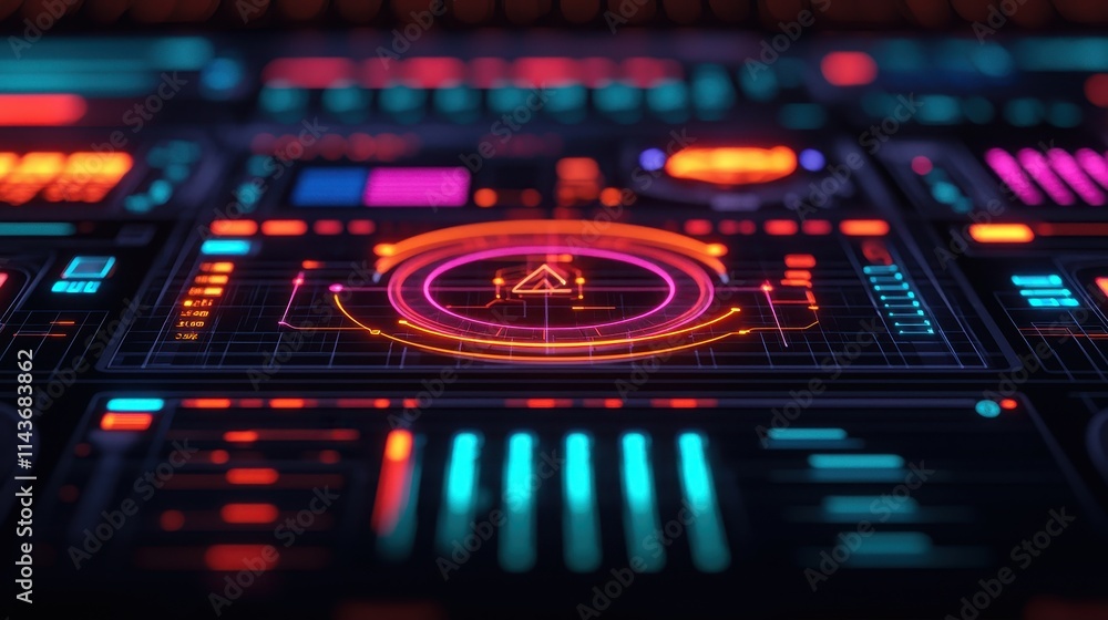 Poster futuristic digital interface with neon lights and data visualization