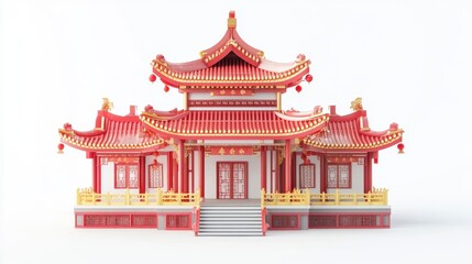 Fototapeta premium Festive Red Chinese Temple 3D Model Render