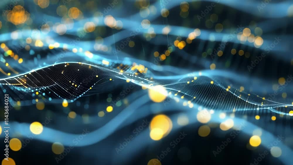 Poster complex data streams are visualized as a dynamic, undulating wave of interconnected points of light,