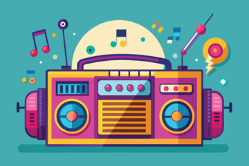 Naklejka premium A vintage radio adorned with colorful buttons plays vibrant music, surrounded by musical notes and energy Radio plays music, flat illustration.