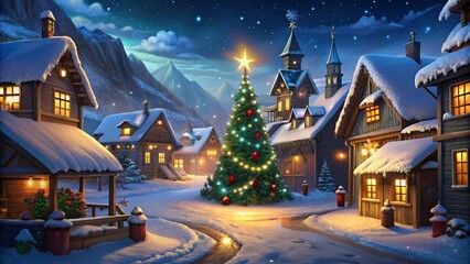 Snowy village with Christmas lights and a decorated tree vector illustration