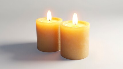 Two Burning Yellow Candles on White Background