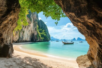 A secluded paradise of sandy shores and turquoise waters, cradled by towering cliffs and lush greenery