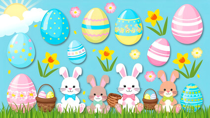 Fototapeta premium Easter composition on a delicate pastel background: painted eggs, Easter bunnies, spring flowers.