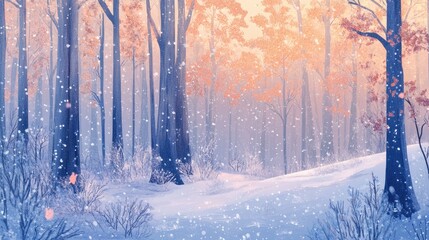 A serene winter forest scene with falling snow and soft pastel colors.