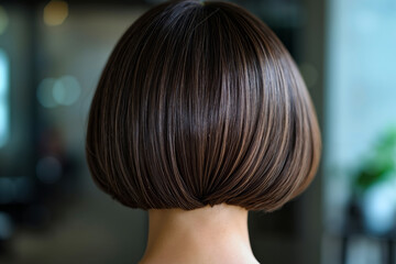 A woman with a short bob cut in a salon