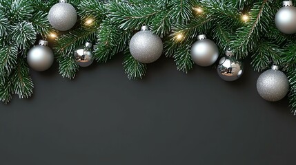 Fototapeta premium Christmas decorations relevance concept. Christmas decorations with silver ornaments on evergreen branches.