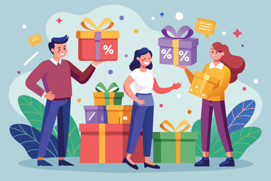 Customers happily receive gifts and discounts during a special store promotion at a vibrant location Regular customers receive discounts and gifts as purchase bonuses.