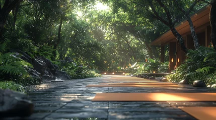 Serene Yoga Path Through Lush Tropical Garden
