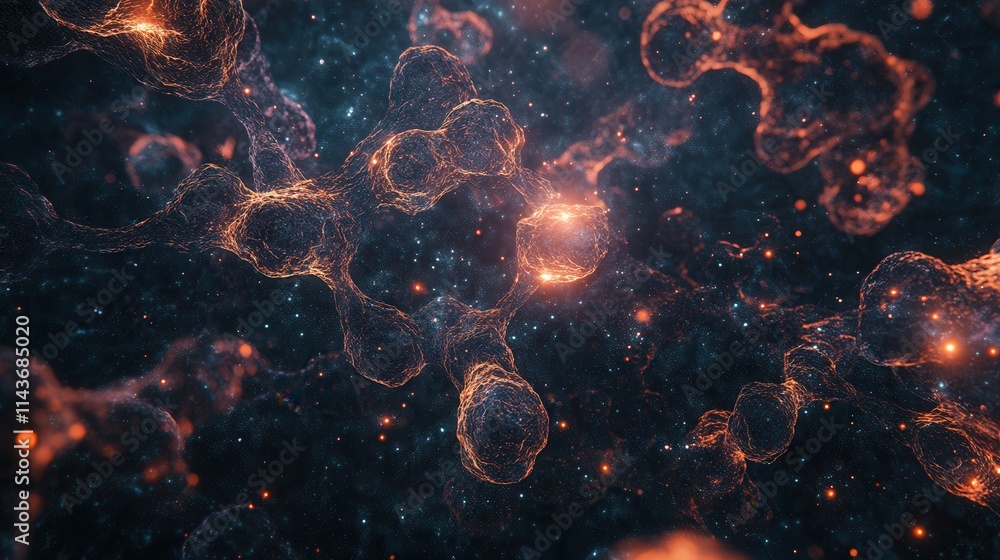 Poster a mesmerizing abstract representation of glowing particles floating in a dark, cosmic environment, e