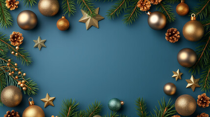 Christmas Frame with Ornaments and Pine Branches | Blue Background, Festive Border
