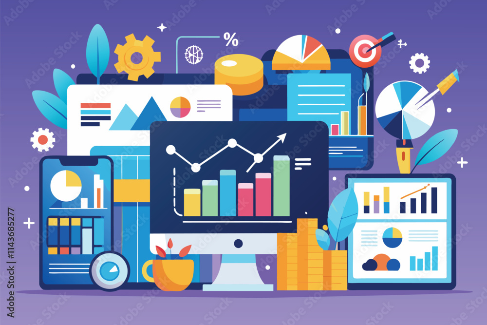 Poster analyzing business growth through colorful data visualizations and charts on digital devices reporti