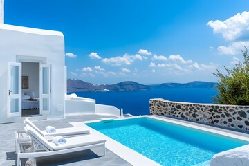 Fototapeta premium Luxurious Santorini Villa with Infinity Pool and Aegean Sea View