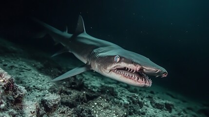 Fototapeta premium A shark swimming underwater, showcasing its unique features and habitat.
