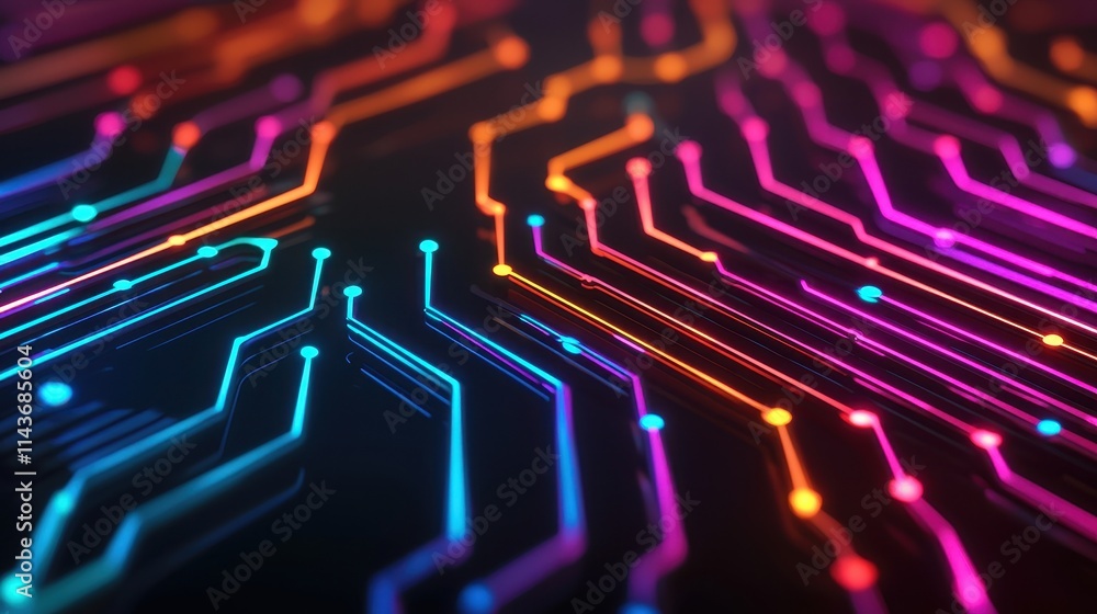 Poster abstract colorful circuit board background with neon glow effect