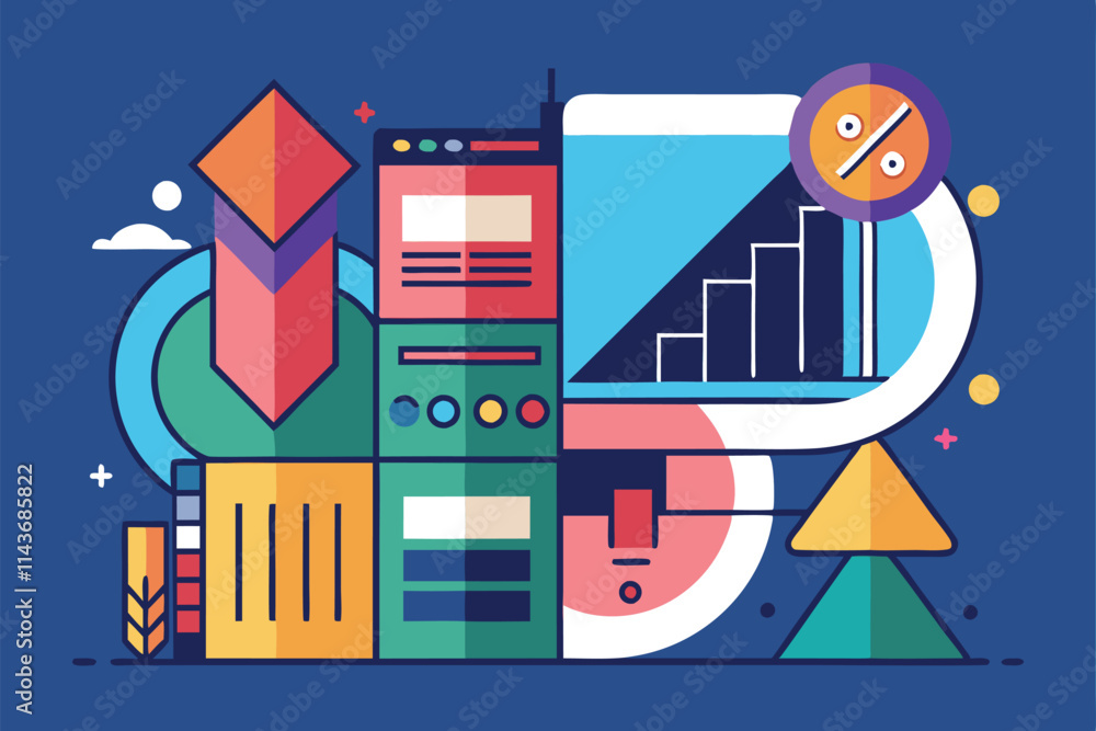 Poster a colorful design featuring geometric shapes, graphs, and interactive elements aimed at customizatio