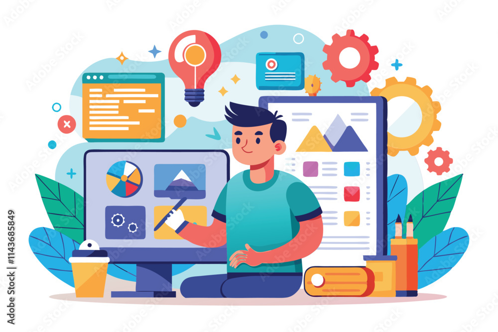 Aufkleber a designer works on a colorful screen, creating flat illustrations surrounded by various tools and g