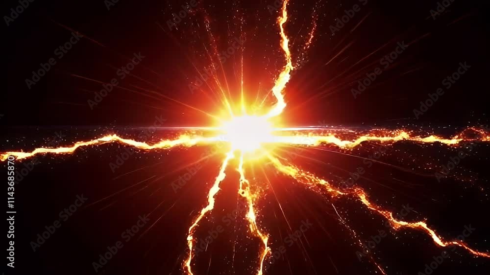 Poster dynamic convergence of lightning bolts into radiant orb of energy, creating powerful streaks in dark