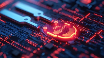 Obraz premium Digital Circuit Board with Smiling Face Icon and Red Highlights