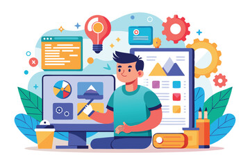 Fototapeta premium A designer works on a colorful screen, creating flat illustrations surrounded by various tools and graphics Revamping the customizable flat illustration brand.