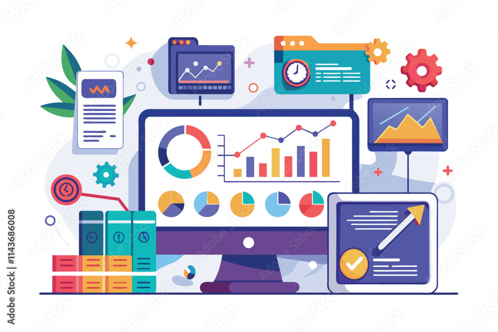Poster a vibrant workspace with charts, graphs, and data tools illustrates effective business analysis tech
