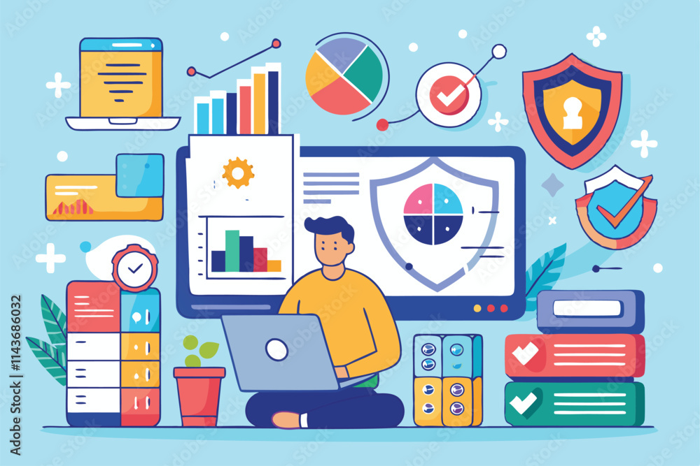 Poster a person analyzes data security trends while seated at a laptop surrounded by charts and security ic
