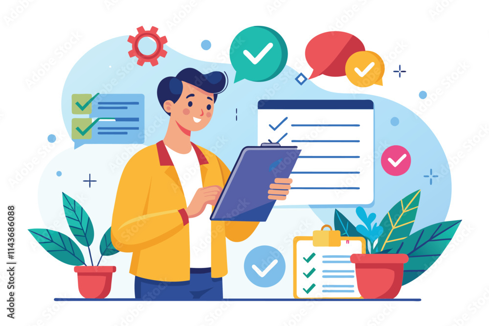 Poster a business analyst checks off tasks and business rules while surrounded by plants and colorful eleme