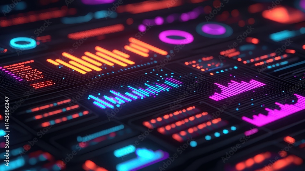Poster abstract data visualization with neon colors and digital elements