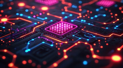 Futuristic Circuit Board with Neon Glow and Abstract Design