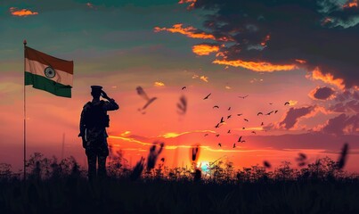 Fototapeta premium Illustration of Indian soldiers standing on top of a mountain with the flag
