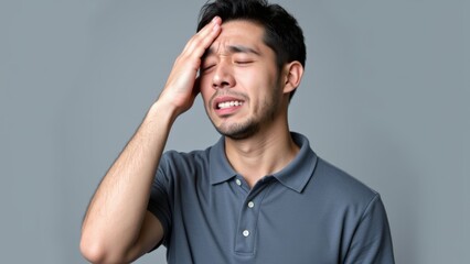 Fototapeta premium Man in Polo Shirt Displaying Signs of Stress, Eyes Shut, Hand to Forehead, Amidst a Solid Background