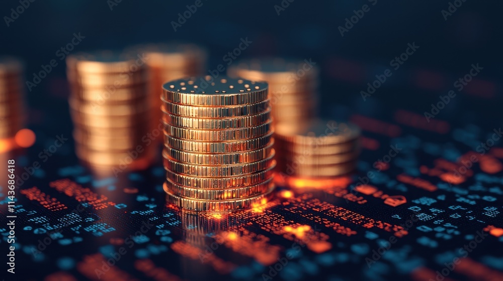 Poster stacks of gold coins on digital background with data codes