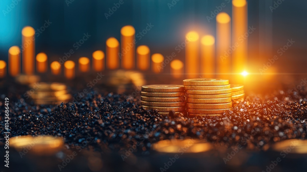 Poster golden coins on dark background with rising graph elements