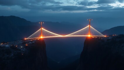 Illuminated Suspension Bridge Spanning Mountainous Chasm