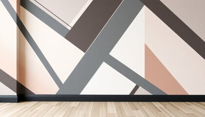 Geometric Lines Living Room Wallpaper with sharp angles and contrasting colors. The skirting boards are painted in matte black.