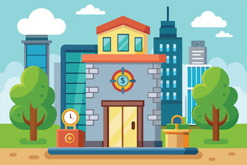 A cheerful cartoon building features bright colors and surrounding trees, set in an urban landscape Safe building cartoon illustration that can be customized.