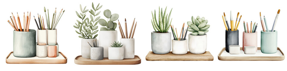 Stylish Stationery and Decor Arrangement on Wooden Shelves