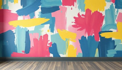 Abstract Art Living Room Wallpaper with freeform brush strokes and vivid hues. The skirting boards are painted in slate gray.