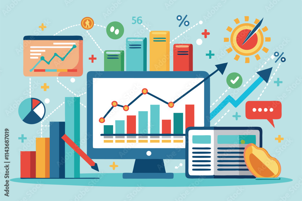 Poster sales trends show a flat performance with various charts and data visualizations on computer screens