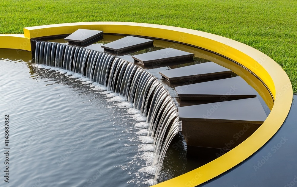 Aufkleber a modern water feature with a circular design, featuring steps leading into a tranquil pool and a vi