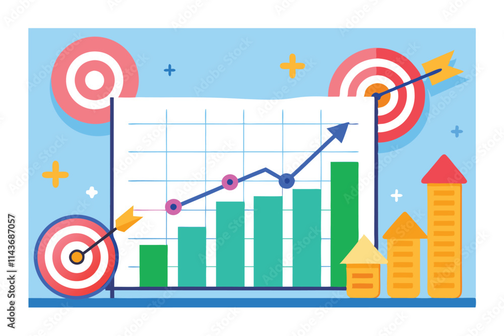 Aufkleber the sales target schedule displays flat trends alongside varying performance metrics in a colorful c