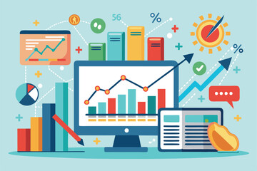 Fototapeta premium Sales trends show a flat performance with various charts and data visualizations on computer screens Sales results trending is flat.