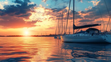 Sunset over yachts at harbor. Concept of travel, leisure, and vacation.