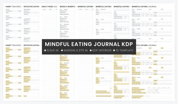 Mindful Eating Journal Template Bundle KDP Interior | Printable Weekly Mindful Eating Worksheet | Food Diary Insert | Intuitive Eating Habit Tracker