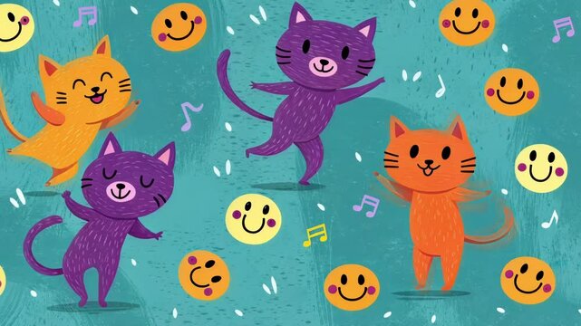 Dancing Icons A kaleidoscope of animated GIFs of dancing cats and smiley faces tered across a textured teal background. Bright orange headers clash with muted purple sidebars